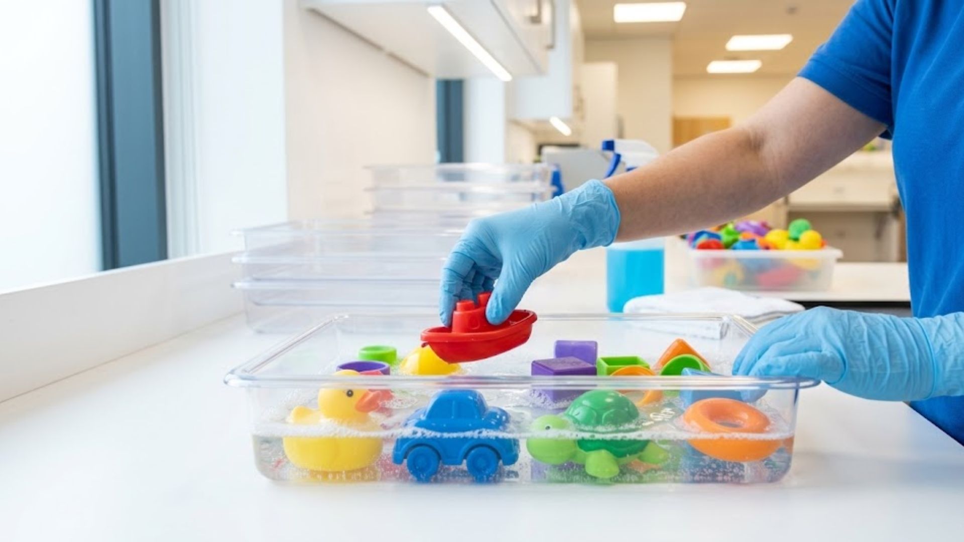 Childcare toy sanitisation station — toys cleaned with GECA-certified non-toxic products