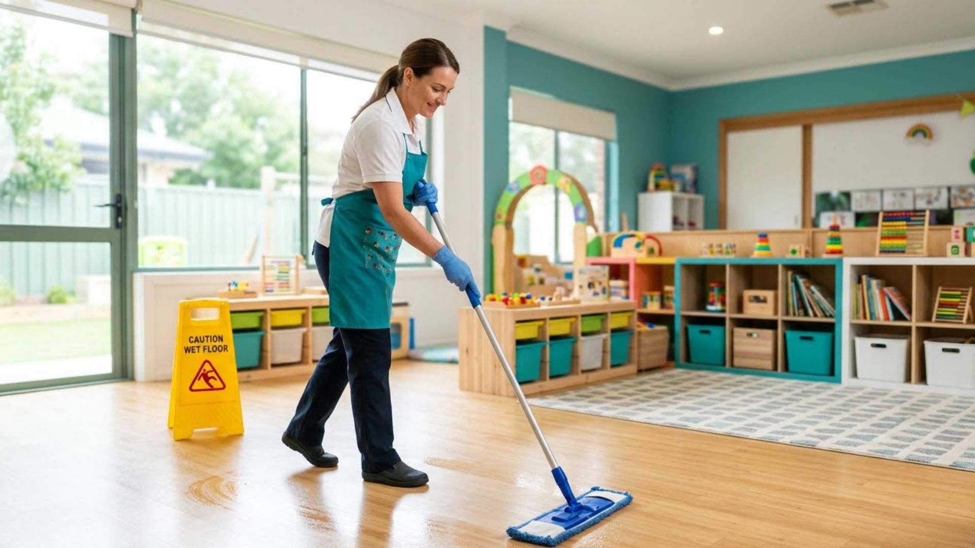 Professional childcare cleaner sanitising a Melbourne childcare centre